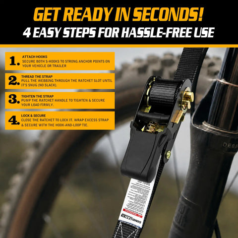 Heavy Duty Ratchet Straps 4 Pack Tie Down Belts 1 Inch By 15 Feet 1680 Lb Break Strength showing installation steps for secure cargo.