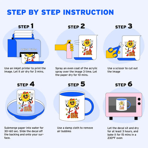 Steps to use White Inkjet Water Slide Paper For DIY Transfers, 20 A4 Sheets, Premium Water Slide Transfer Paper For Tumblers Mugs Glasses.