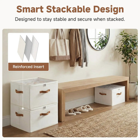 Foldable Shoe Storage Box With Clear Cover And Adjustable Dividers Stash 16 Pairs In A Closet Or Entryway Organizer Durable Beige Cubby Containers stacked in an entryway next to a bench.