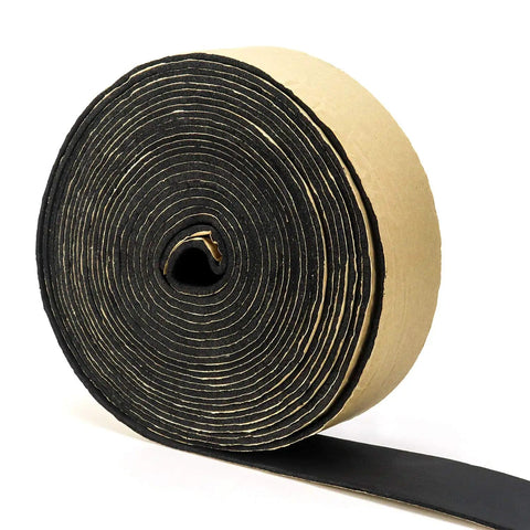 Close-up of Pipe Wrap Insulation Tape For Hot And Cold Pipes Waterproof Foam Adhesive 33 Feet Long And 2 Inches Wide One Eighth Inch Thick Prevents Condensation And Freezing For Diy Home Plumbing Projects, showing the roll with exposed black foam edge.
