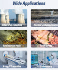 APOWER Geiger counter radiation detector, handheld dosimeter; six-application collage: industrial radiation, nuclear pollution water, radioactive rock, food safety, X-ray, laboratory.