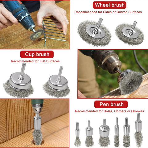 Eleven Piece Drill Wire Brush Set With One Quarter Inch Round Shank For Beating Paint And Rust Off Metal And Wood use examples.