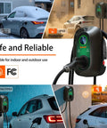 Level 2 EV Charger Hardwired 48 Amp J1772 Charger 240V Home Charging Station With App WiFi Smart Display shown with car in various weather conditions.