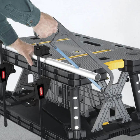 Heavy Duty Folding Workbench With 1,000 Lb Capacity DIY Friendly Portable Shop Table used for sawing metal pipe securely
