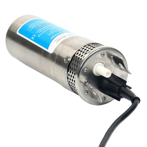 Stainless steel 12V DC Submersible Deep Well Water Pump with 3.2 GPM Flow, 4 inch intake, waterproof power cable visible