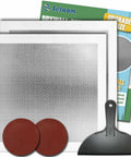 12 Inch By 12 Inch Drywall Repair Patch Kit With Heavy Duty Self Adhesive Mesh, includes two patches, sandpaper, and a scraper.