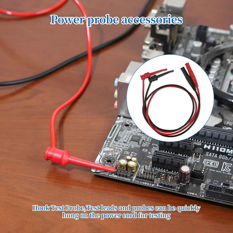 27 Piece Multimeter Test Leads Probes Kit With Big And Small Alligator Clips, showing hook probe connected to motherboard