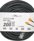 Heavy Duty 200ft Outdoor Indoor Extension Cord 10 Gauge 3 Prong SJTW Waterproof Flexible Cold Resistant Power Cable Black 125V 1000W