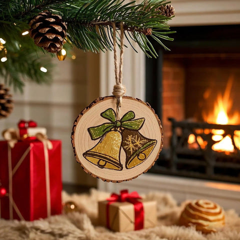 Ready To Hang Wood Slices Craft Kit With 20 Natural Pine Discs And 8M Hemp Rope Pre-Drilled With 3mm Holes Christmas ornament by fireplace