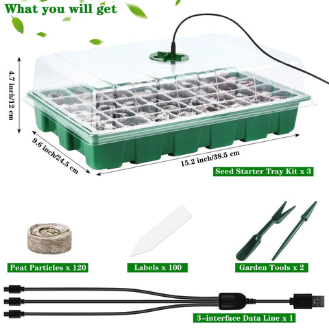3 Pack Seed Starter Tray Kit With Grow Light Germination Trays Humidity Dome 120 Peat Pellets 3 LED Light Covers USB Cable 100 Plant Labels And 2 Garden Tools Gift To Kickstart Your Seed Starting