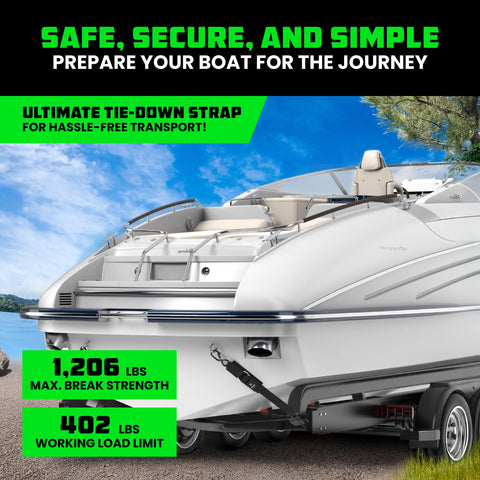 Beefy 2 Inch By 48 Inch Boat Trailer Straps securing a white pontoon boat on a trailer with safe trailering text overlay.
