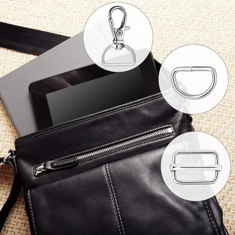 Slick D Rings Kit With Swivel Clasps Slide Buckles And Lobster Hooks For Handbags showing swivel lobster clasp and D rings.