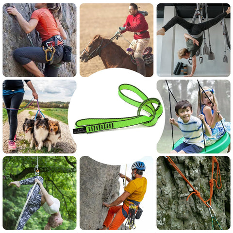 Heavy Duty 18mm Nylon Climbing Sling Runner 23kN CE2008 EN566 Rated For Rock Climbing Mountaineering Rappelling Swing And Yoga Hammock Gray 30cm 12inch Pack Of 2, shown in various outdoor and indoor activities