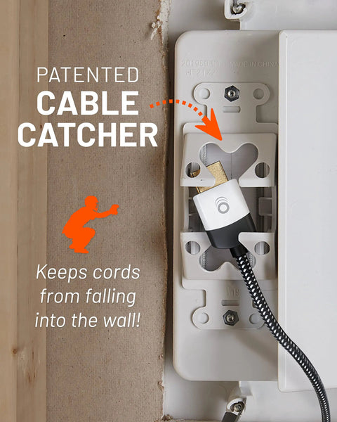 Patented cable catcher feature in In Wall TV Cable Management Kit With Dual Outlet For Wall Mounted TVs Hides Power And Low Voltage Cables