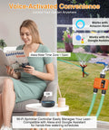 Woman controlling Smart WiFi Water Timer For Garden Hose With 984 Ft Range Two Zone Sprinkler Timer via voice command