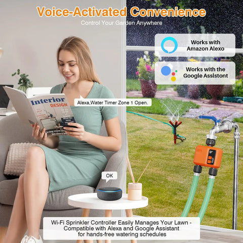 Woman controlling Smart WiFi Water Timer For Garden Hose With 984 Ft Range Two Zone Sprinkler Timer via voice command