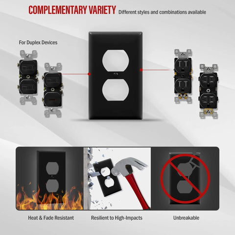 Built Tough Durable Unbreakable Polycarbonate Duplex Receptacle Wall Plate 1 Gang 4.5 x 2.76 Inch UL Listed Black 10 Pack Heavy Duty Cover Plate For Home Or Office