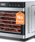 Large Capacity Food Dehydrator With Six Stainless Trays And 6.5 Sq Ft Drying Space 600W Power For Faster Drying At 165F shown with recipe book