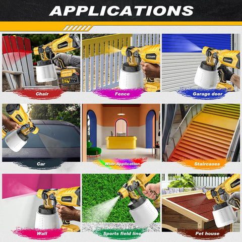 Kick The Cords To The Curb With This Cordless HVLP Paint Sprayer featuring various applications on furniture, fences, and walls.