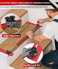Person using Pro Grade Stair Tread Template Tool With Adjustable 23 Inch To 64.2 Inch Bar 14 Inch Pivoting Scale Dual Knobs And Stop Pins For Error Free Transfers And Precise Measurements Every Time on wooden stairs.
