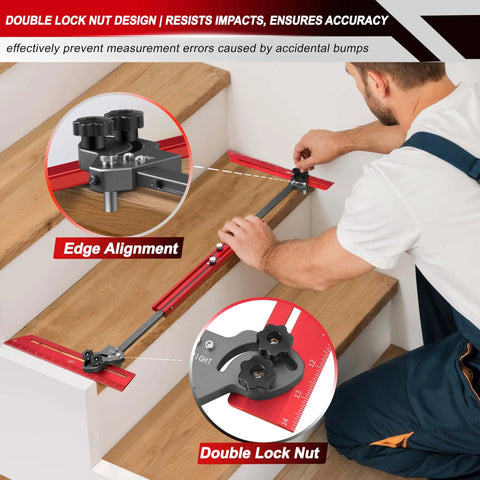 Person using Pro Grade Stair Tread Template Tool With Adjustable 23 Inch To 64.2 Inch Bar 14 Inch Pivoting Scale Dual Knobs And Stop Pins For Error Free Transfers And Precise Measurements Every Time on wooden stairs.