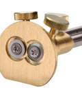 Close-up of Dead On Double Blade Marking Gauge Kit with Sweet Brass Fence, showcasing dual HSS blades and metric scale.