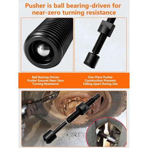 Heavy-Duty 5-Piece Dual Wheel Separator Kit with 11-Thread Pusher in action separating truck wheels.