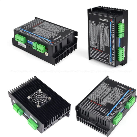 DMA860S 2-Phase Stepper Driver for CNC routers and engraving machines, top and side views showing connectors and heat sink.