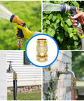 Garden Hose Quick Connector Kit Three Quarter Inch GHT Solid Brass No Leak Fittings For Water Hose 4 Sets Includes 4 Male And 4 Female Built To Last Quick Connects That Seal Tight And Handle Up To 200 PSI shown in use with hoses and faucets