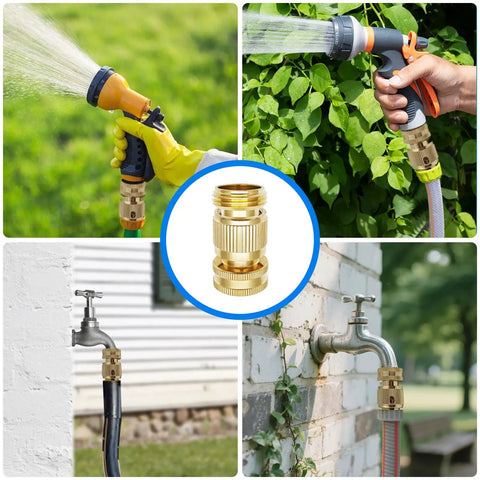 Garden Hose Quick Connector Kit Three Quarter Inch GHT Solid Brass No Leak Fittings For Water Hose 4 Sets Includes 4 Male And 4 Female Built To Last Quick Connects That Seal Tight And Handle Up To 200 PSI shown in use with hoses and faucets