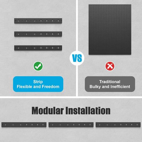 Comparison of strip and traditional pegboard systems showing Modular Pegboard Strip Storage System With 3 Wall Mount Strips 16 Pegboard Hooks And 4 Double Hooks Heavy Duty Metal Slat Wall Organizer For Garage Basement Laundry Room And Garden Tools Rakes And Shovels Perfect Gift For Dads vs traditional bulky option.