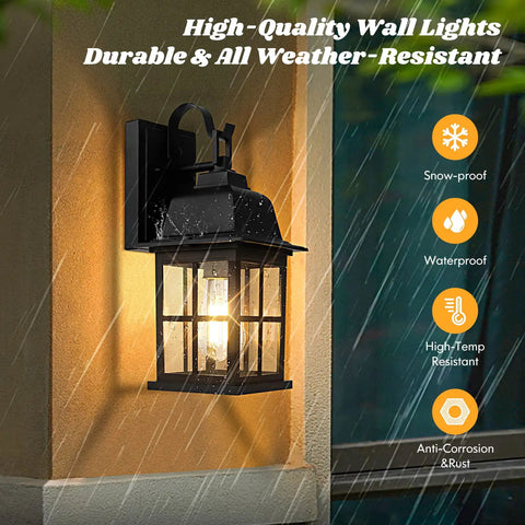 2 Pack Outdoor Wall Light Fixtures, Waterproof Aluminum Black Sconces With Cross Grid Glass, Anti Rust Exterior Lanterns on wall