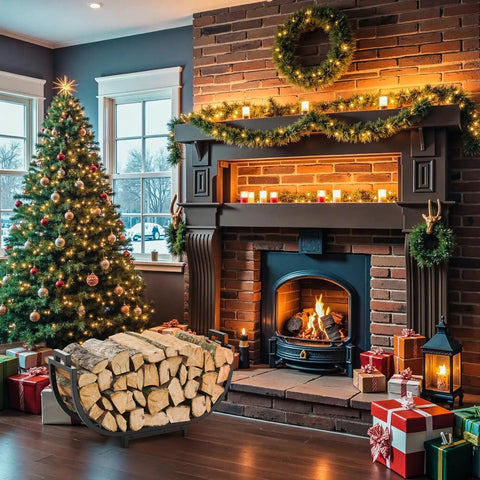 24 Inch Indoor Firewood Rack With Carrier near fireplace and Christmas tree, thickened metal rustproof wood storage rack with logs