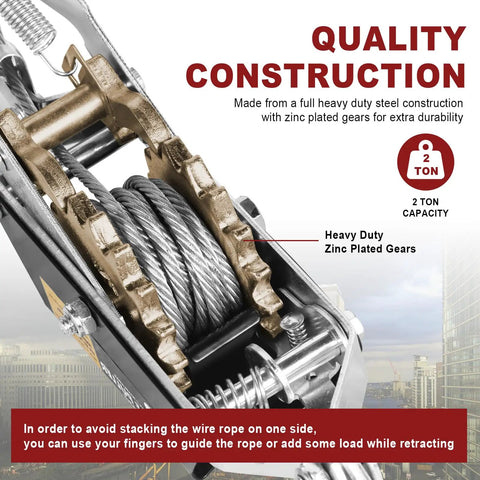Beefy Hand Winch For Quick Lifts And Tough Pulls 2 Ton Capacity With Dual Gear System 11ft Steel Cable And Two Drop Forged Hooks, steel gears