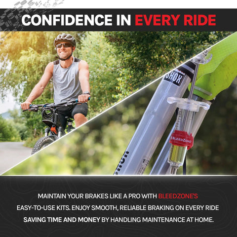 Cyclist riding with Hydraulic Bike Brake Bleed Kit For Avid, Formula, And Hayes Dominion With 2 Syringes and DOT 5.1 Fluid shown