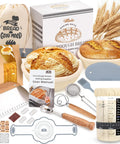 All In One Sourdough Starter Kit For Home Bakers With Round 9 Inch And Oval 10 Inch Proofing Baskets Bread Jar Silicone Spatula Dough Whisk Bread Lame And Blades Blade Cover And Mixing Bowl displayed with bread