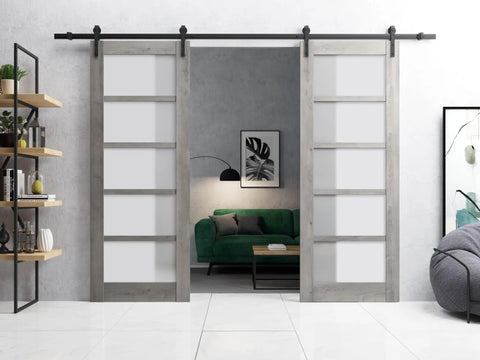 Sturdy Double Barn Door With Frosted Glass For Modern Homes, Built To Last Heavy Duty Interior Sliding Kit, 84 By 96 Inches