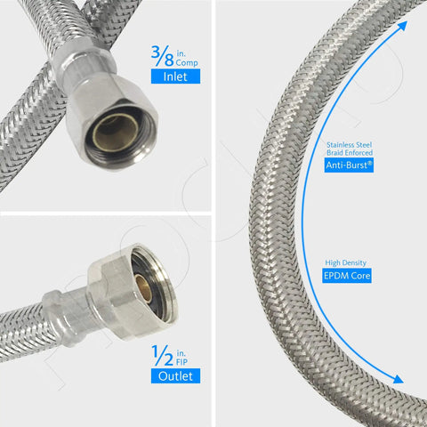 Close-up of Two Pack 24 Inch Braided Stainless Steel Faucet Supply Line With Three Eighths Inch Compression To One Half Inch FIP Connector