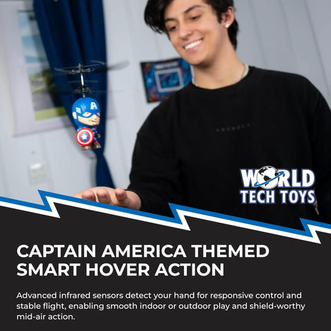 Child controlling Captain America Big Head Helicopter Toy With Motion Sensors For Kids 6 And Up Official Marvel Licensed