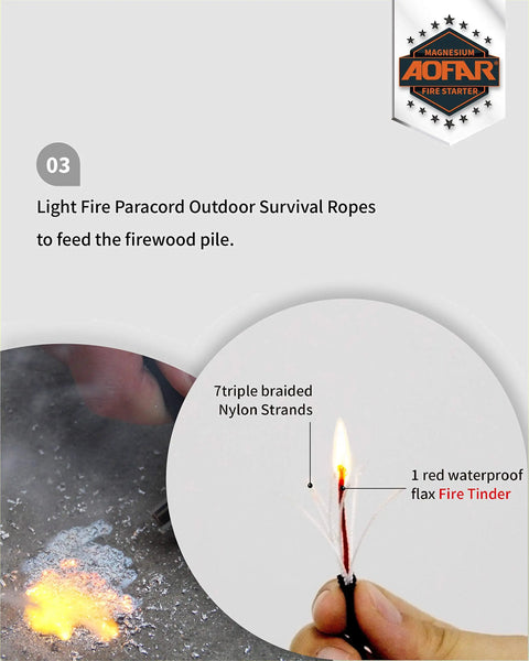 Hand striking AF-374 Two Pack Magnesium Fire Starter With Waterproof Fire Steel Pouch igniting flax tinder for survival.