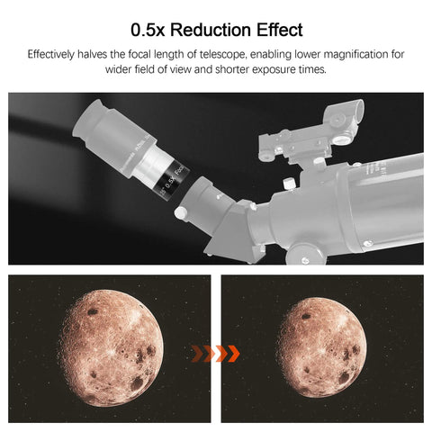 0.5x Telescope Focal Reducer attached to telescope showing wider view of moon in images, for faster astrophotography exposures