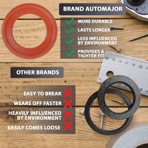 Comparison between red and black rubber washers; red labeled 'Brand Automajor' with benefits, and black as 'Other Brands' with drawbacks.