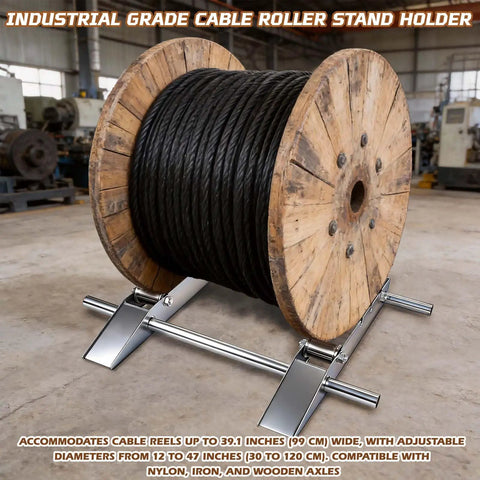 All-Weather Heavy-Duty Cable Drum Roller Reel Dispenser with 39-inch reel on industrial stand in workshop
