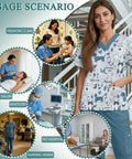 Women's Gray Blue Veterinary Scrub Set With Animal Print in various professional settings