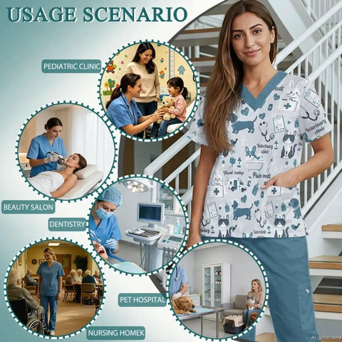 Women's Gray Blue Veterinary Scrub Set With Animal Print in various professional settings