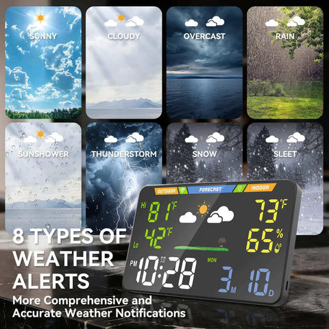 Smart Weather Station With 8.5 Inch LED Display For Indoor Outdoor Use WiFi Enabled Wireless Dual Power Atomic Clock showing weather alerts