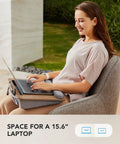 Woman using Portable Laptop Lap Desk With Pillow Cushion, Fits Up To 15.6 Inch Laptops, Anti Slip Strip, Lightweight, in chair