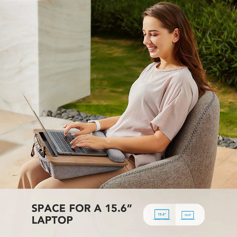 Woman using Portable Laptop Lap Desk With Pillow Cushion, Fits Up To 15.6 Inch Laptops, Anti Slip Strip, Lightweight, in chair