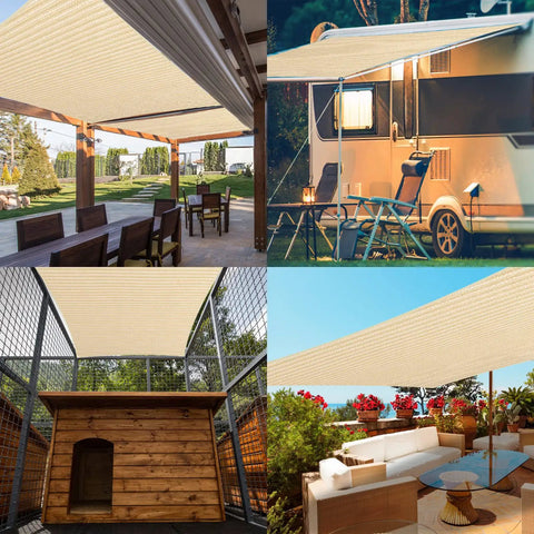 Beige 5 By 8 Foot Sun Shade Sail With Straight Edge For Patio And Pergola Outdoor UV Protected HDPE Shade Fabric in various settings