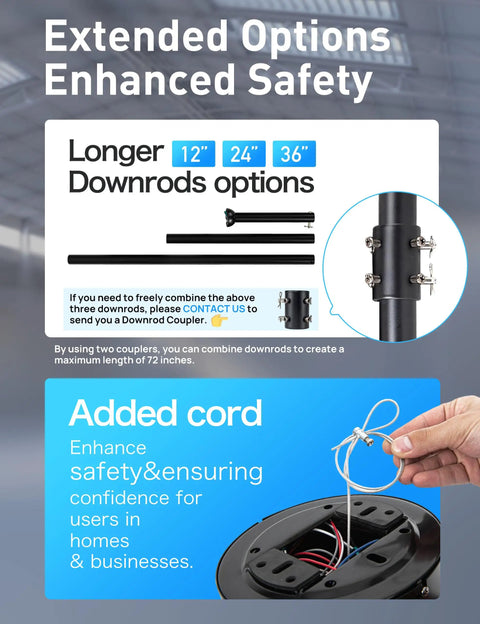 Heavy Duty 100 Inch Outdoor Ceiling Fan With Light Double Layer Six Black Aluminum Blades High Cfm Low Rpm Industrial Patio Beast showing downrod options and added safety cord.